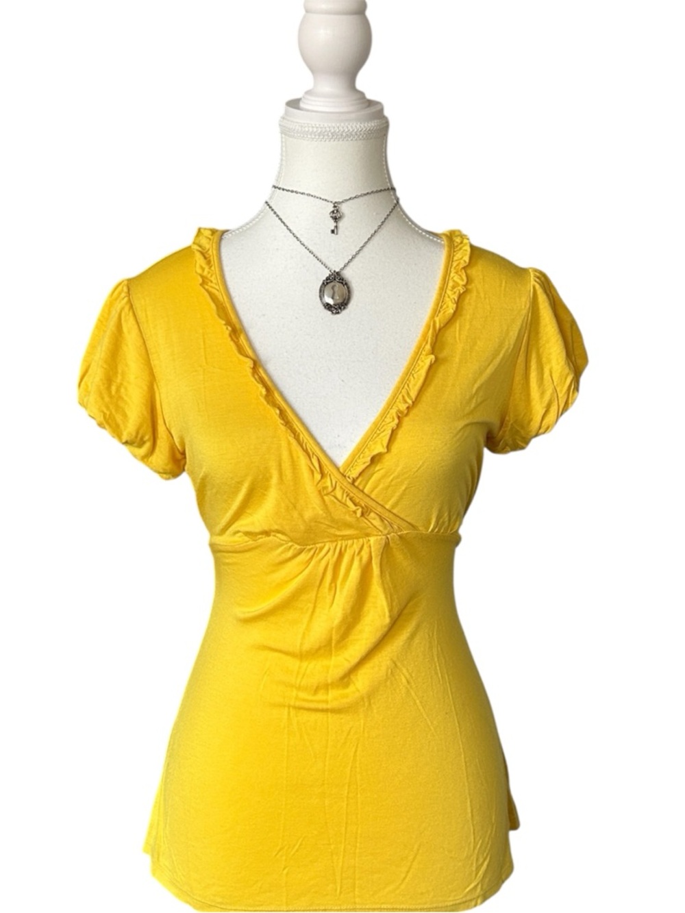Y2K “Thx” Yellow Ruffle Trim Babydoll Style Short Sleeve Top